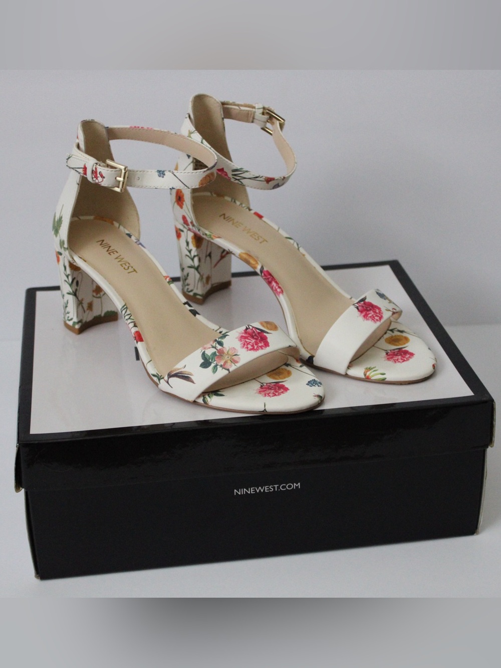Nine West Pruce Ankle-Strap White Floral Block Heels